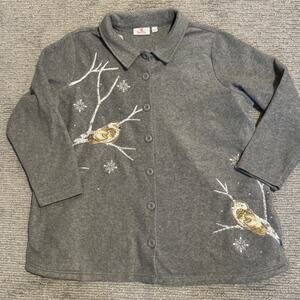Quacker Factory 1X Fleece Cardigan W/ Embroidered Snowbirds Heather Grey Pockets